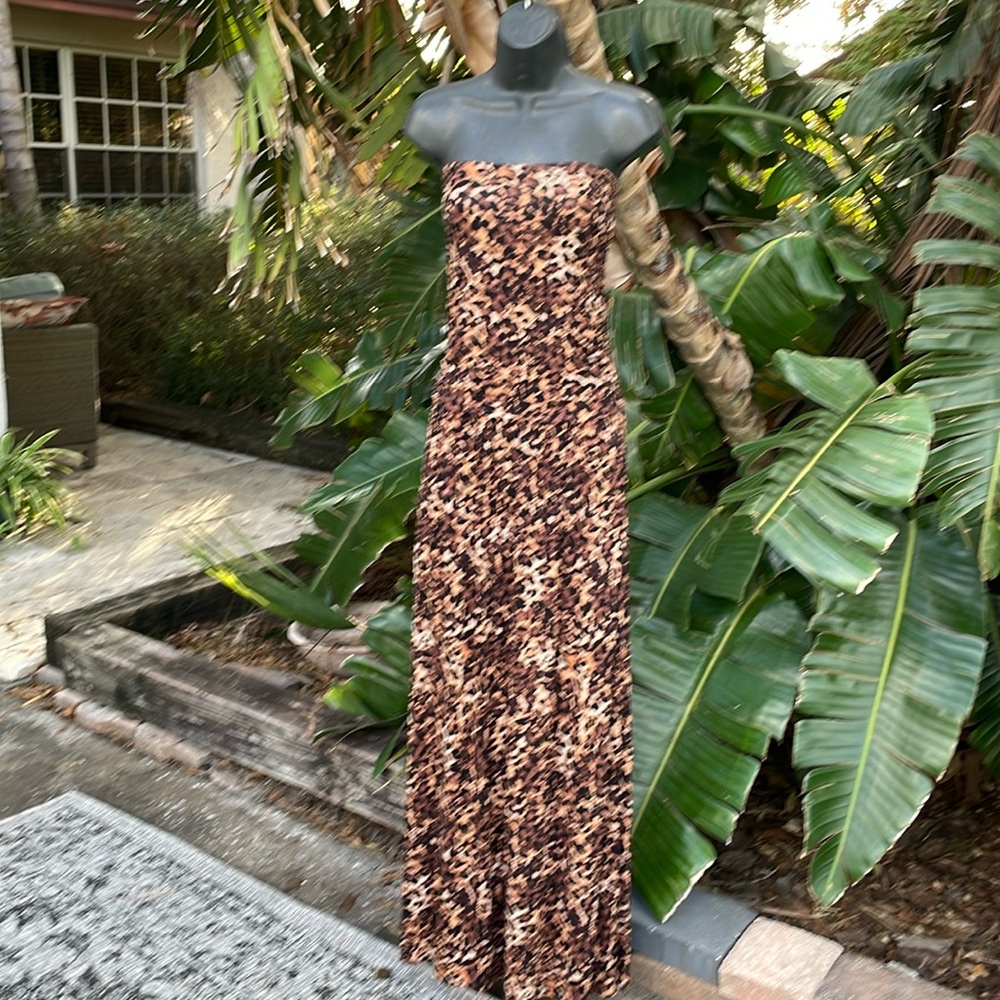 strapless, leopard print maxi dress